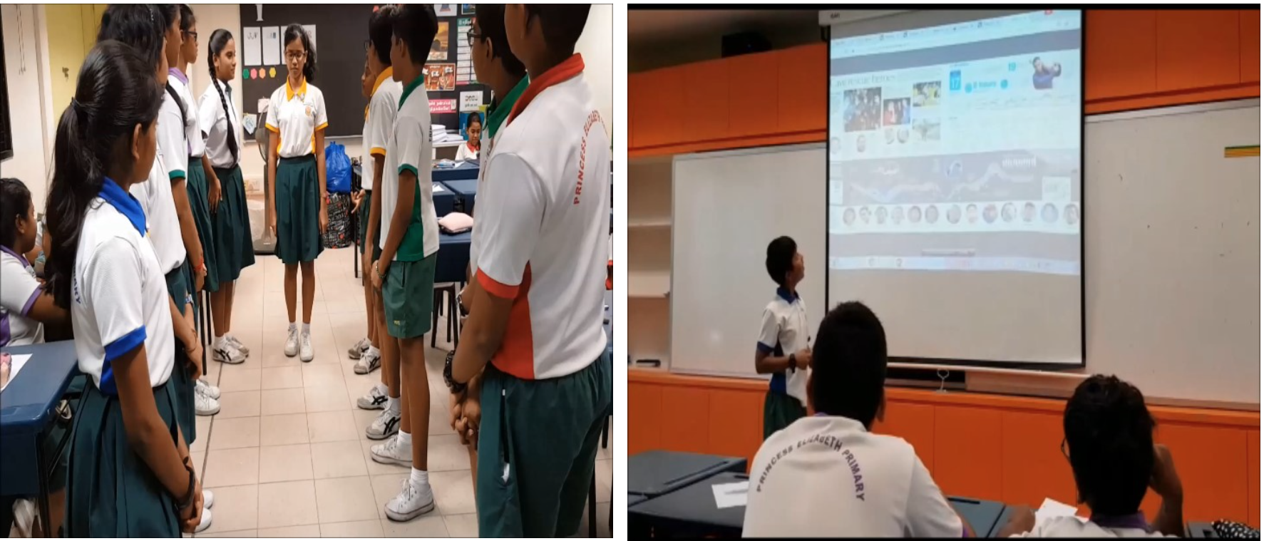Students in school uniforms stand in a classroom circle, and another student presents to peers in front of a projected screen.